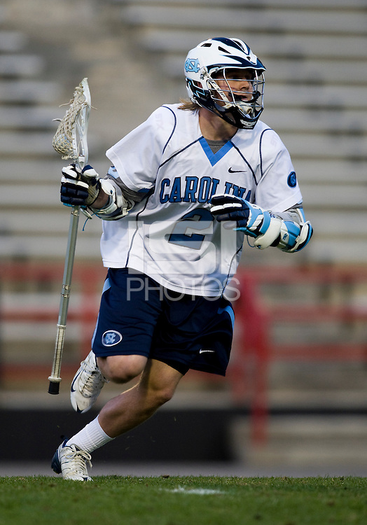Thomas Wood (2) of North Carolina brings the ball upfield during the ACC men's lacrosse tournament semifinals in College Park, MD.  Maryland defeated North Carolina, 13-5.